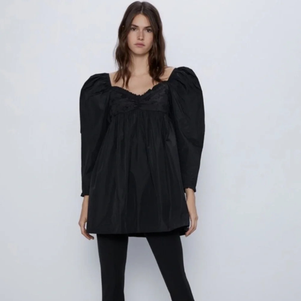 Zara Black Puff Sleeve Square Neck Eleyet Babydoll Short Dress Size Medium